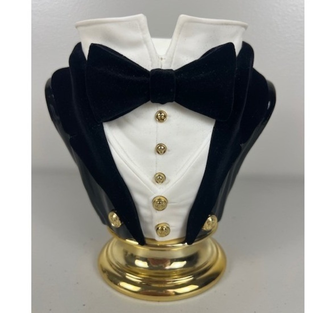 Bath & Body Works Tuxedo‎ 3-Wick Candle Holder Bust Velvet Bow Tie Gold Accents - Picture 7 of 11